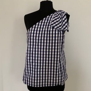 Milly Navy & White Gingham One Shoulder Top with Bow